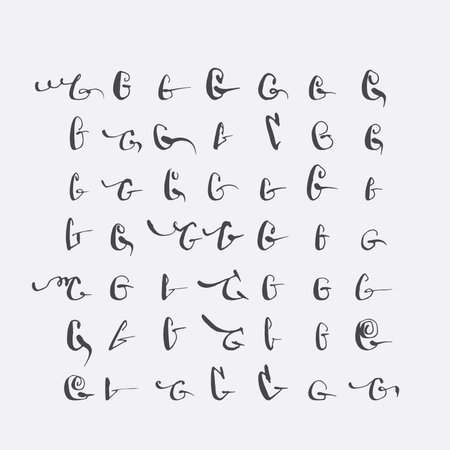 Vector set of calligraphic letters G, handwritten with pointed nib, decorated with flourishes and decorative elements. Isolated on grey black imperfect letters sequence. Various shapes collectionのイラスト素材