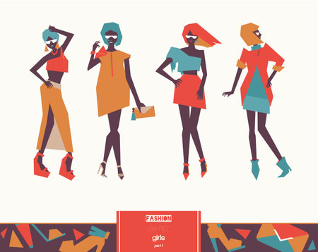 Set with beautiful stylish fashion girls posing. Vector geometric low poly illustration with vogue women silhouettes with bright clothing and various poses. Isolated on background female figures.のイラスト素材