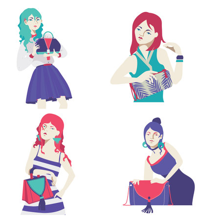 Vector fashion collection with bright flat girls with bags in hands. Purple, blue and pink colors, hand drawn graphic with stylish women. Handbags and clutches decorated with seam, fringe and print.のイラスト素材