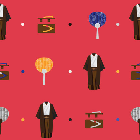 Vector seamless bright pattern with japanese fashion flat objects. Man kimono, wooden traditional geta, round fan utiva on red background. Accessories used for japanese street fashion, cosplayの写真素材