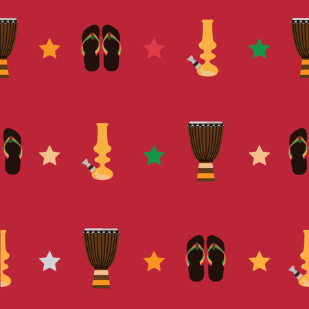 Rastafarian seamless pattern with bongos, flip flops and yellow bong for smoking marijuana on red background. Vector illustration with seamless design.のイラスト素材