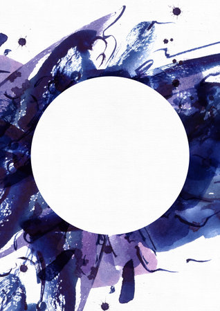 Large abstract watercolor background with white circle in center. Vivid blue and purple freehand brush stains, dots and spots on grainy white textured paper. Large raster illustration with textholder.の写真素材