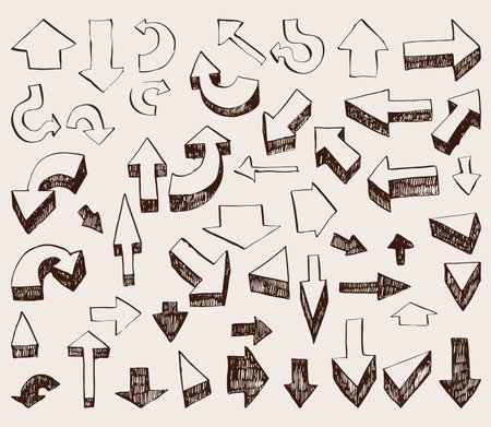 Vector set of hand drawn arrows and cursors of different shape and direction, drawn with nib and imperfections. Creative infographic collection.のイラスト素材