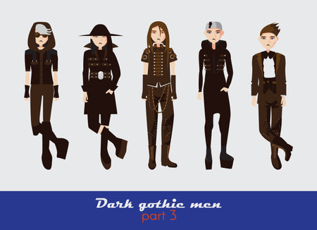 Vector set with dark gothic young men. Guys standing and watching at spectator. Dark clothes in goth style isolated on backgroundのイラスト素材