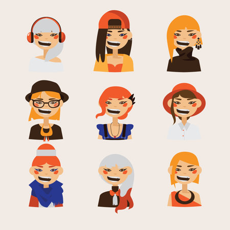 Vector set with female hipster avatars smiling and watching at spectator. Bright characters with various hairstyle and clothes, hats and coloring.のイラスト素材