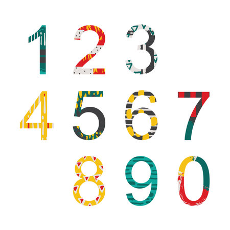 Summer bright decorated numbers in hand drawn style, drawn with freehand brush graphicのイラスト素材