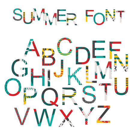 Summer font in hand drawn style, decorated in bright colors with brush graphicのイラスト素材