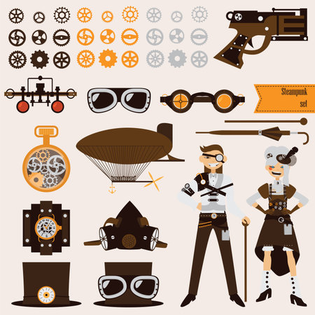 Steampunk objects and characters set. Airship and goggles, gears, old fashioned revolver.のイラスト素材