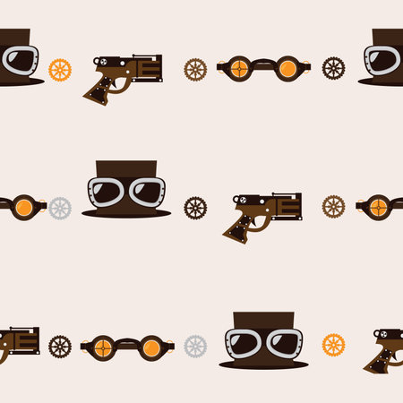 Seamless square pattern with steampunk accessories like old fashioned revolver, hat with aviator glasses and goggles on beige background.のイラスト素材