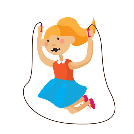 Lovely young girl in a bright dress jumping with a skipping rope. Vector isolated illustration.のイラスト素材