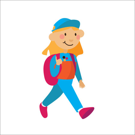 Little flat girl with rucksuck walking isolated on background. Vector character illustration in bright colorsのイラスト素材