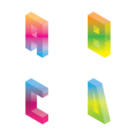 Gradient bright isometric letters A B C D in vivid colors, isolated on white background. Vector font collection.のイラスト素材