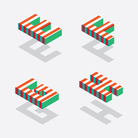 English isometric alphabet with bright red stripes and shadows. Part one, letters E F G H.のイラスト素材