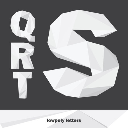 Vector set with english alphabet set. English letters S T R Q in lowpoly style. Shades of grey on dark backgroundのイラスト素材