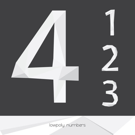 Vector set with low poly numbers 1 2 3 4 isolated on dark background. Grey and white digits.のイラスト素材