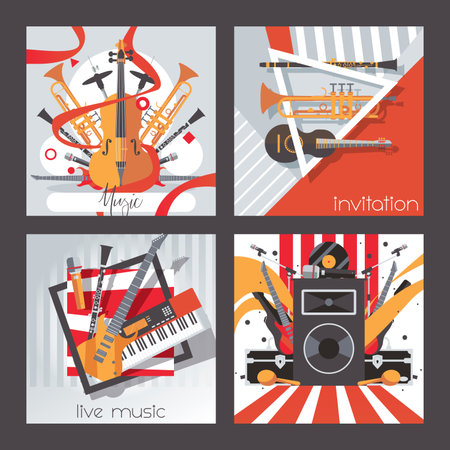 Square cards dedicated to live music, instruments and sound. Vector collection good for invitation design, concerts, playingのイラスト素材