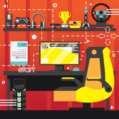Video game interior room. Computer and chair for playing, controllers and joysticks for player. Square compositionのイラスト素材