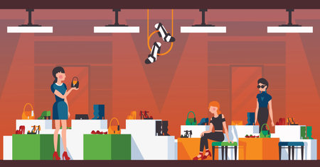 Woman shoes shop. Flat vector illustration with girls choosing shoes and bags. Interior of shop with buyers and beautiful goods for sell.のイラスト素材