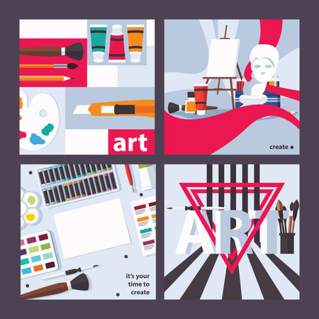 Vector concept square cards about drawing, art and painting. Bright design for invitation, advertising and artist supplies shops..のイラスト素材