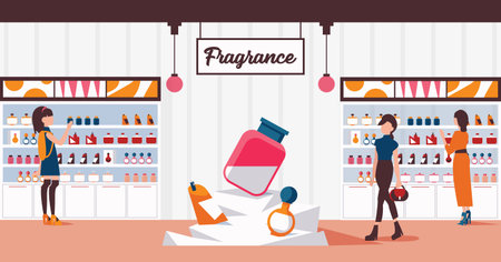 Vector horizontal illustration with fragrance boutique corner, women choosing perfume. Interior of shop and customersのイラスト素材