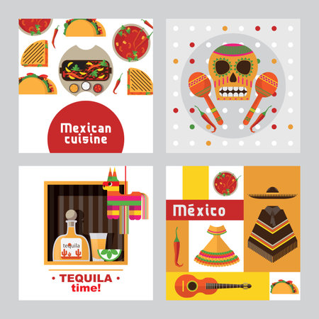 Square cards templates dedicated to mexico, decorated with taco, tequila, sculls and mexican food and clothes. Four designs good for flyer or invitation.のイラスト素材