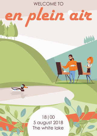 Vector flyer or poster template for en plein air artist outdoor painting. Hills and lake with duck, two artists drawing with easel and ink. Vertical composition.のイラスト素材