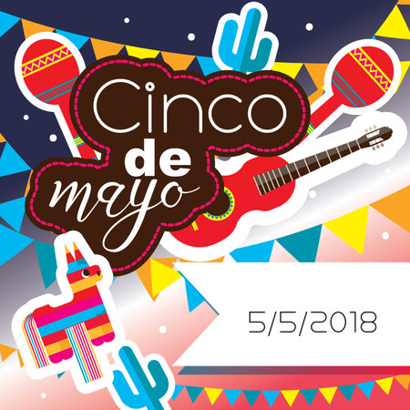 Square card for celebration of mexican holiday of 5 may cinco de mayo. Bright colors, pinata, maracas, cactus.のイラスト素材