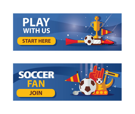 Vector set of football horizontal banners on blue background. Soccer ball, boots, flags and fan accessories. Banners about love to football gameのイラスト素材