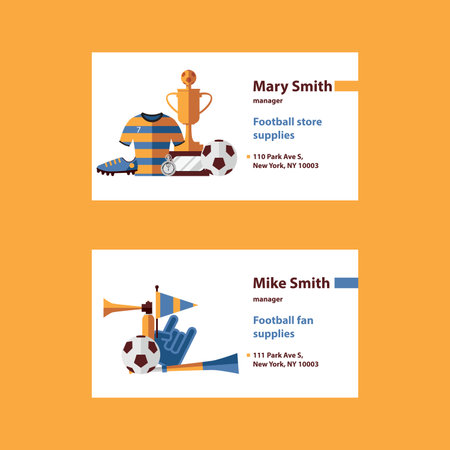 Vector set with football business cards template desorated with soccer suplies as ball, cup, boots, sports wear and fan accessories like cheerleader glove, vuvuzela, flag on white backgroundのイラスト素材
