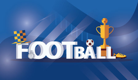 Vector horizontal illustration on blue background with 3d word FOOTBALL, fan hat, winner cup, boots, stopwatch and soccer ball in bright colorsのイラスト素材