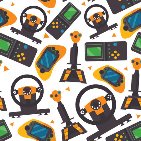 Seamless pattern with gamepads, pc controllers and joystick for video game playing on white background. Repeat design for players and gaming.のイラスト素材
