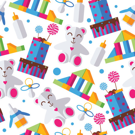 Seamless pattern with bright kids toys, cake, nipple and bottle on white background. Bold colors, dotsのイラスト素材
