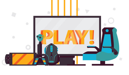 Vector scene with word play on computer monitor, video games accessories like player chair, gaming mouse, gamepad, joystick on white background.のイラスト素材