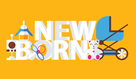 Vector 3d word newborn with kids accessories like teddy bear, crib, nipple, baby monitor, pram and child bottle on bright yellow backgroundのイラスト素材