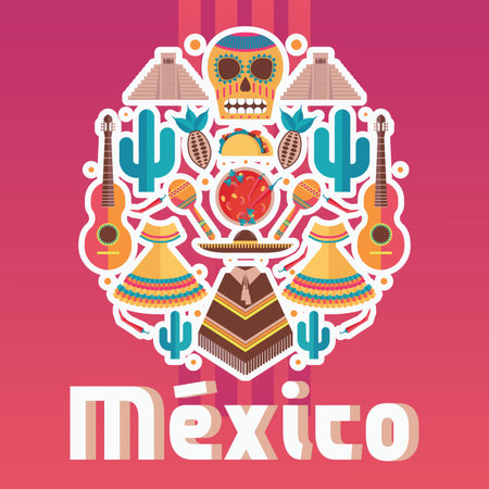 Square composition with mexican fiesta elements, good for decoration, flyer and poster.のイラスト素材