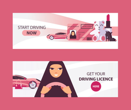 Horizontal banners with saudi woman driving in pink colors. Vector set teddy bear, car, lovely woman in black hijab.のイラスト素材