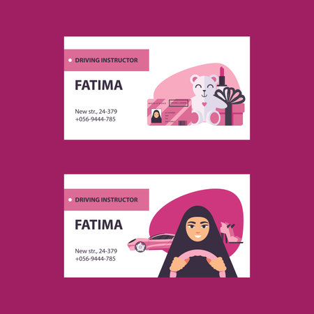 Pink and white business cards with driving licence instructor for arab women.のイラスト素材