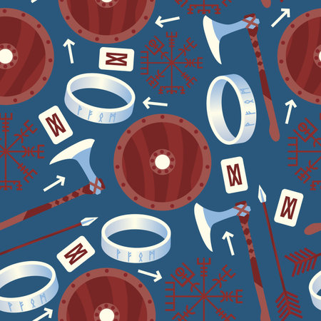 Viking warrior seamless pattern with vegvisir, ring, shield, rune symbol, arrow and axe on blue background.のイラスト素材