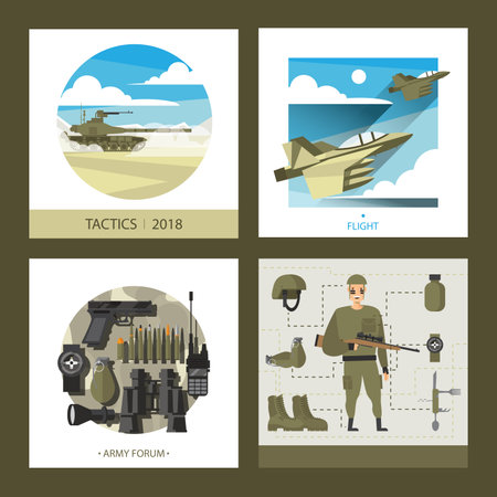Vector square cards about war, military training and equipment for soldier. Flat vector template.のイラスト素材