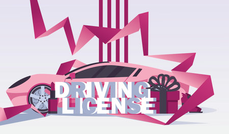 Horizontal design foe flyer or banner with pink sport car, female goods and accessories and lettering 3d word driving licence.のイラスト素材
