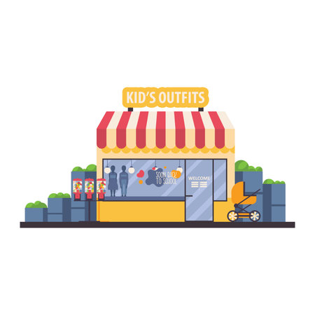 Kids fashion store front in flat style. Children vending machine and cool boutique for local business design.のイラスト素材