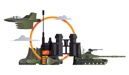Vector scene with military objects isolated on white. Army concept.のイラスト素材