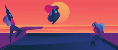 Oversized women enjoying sunset in pool. Flat illustration drawn with vivid gradients. Woman jumping in front of sun.のイラスト素材