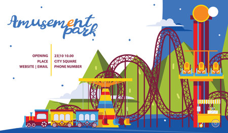 Amusement park poster template. Flat attractions and carousel for family time.のイラスト素材