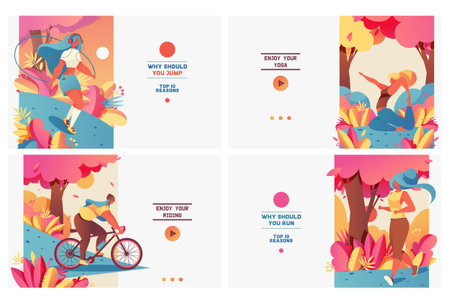 Set of pastel bright banners with sport girls in gradient flat style. Healthy and wellness lifestyle. Young people doing yoga, jogging, jumping with rope and riding bycicle. Design good for web.のイラスト素材