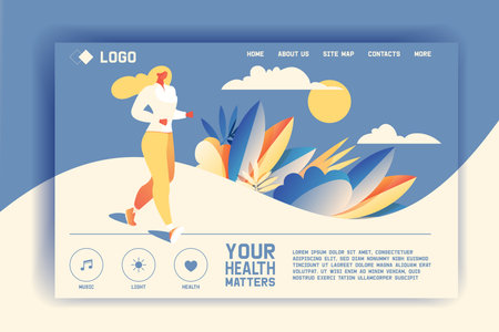 Vector concept for landing page of health promotion and wellness lifestyle. Jogging or running young woman in flat style.のイラスト素材