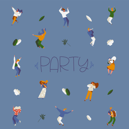Dancing people in various poses, flat man and woman in dance. Colorful contemporary illustration set good for party invitations, office celebrations and print.のイラスト素材