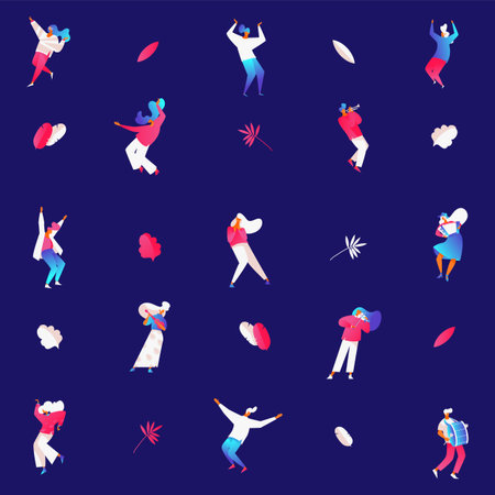 People dancing and playing musical instruments on dark blue background. Flat happy characters on party or celebration drawn with bright gradient colors.のイラスト素材