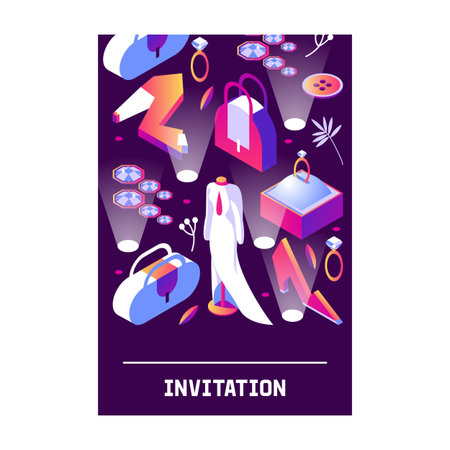 Vertical card with stylish fashion isometric objects for young woman or luxury lady. 3d dark scene with mannequin, jewelry, bags, shoes and accessories for night show or late sale.のイラスト素材