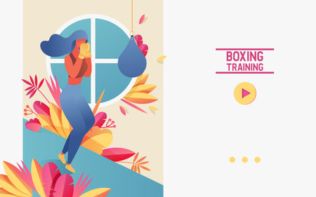 Vector concept banner with young girl doing boxing training with punching bag. Vivid landing page sport scene, good for courses or combat class with floral greenery and leaves.のイラスト素材
